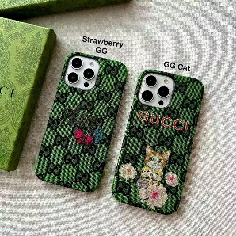Luxury Branded Leather Pattern iPhone Case – Cat & Bow Embroidery Style for iPhone