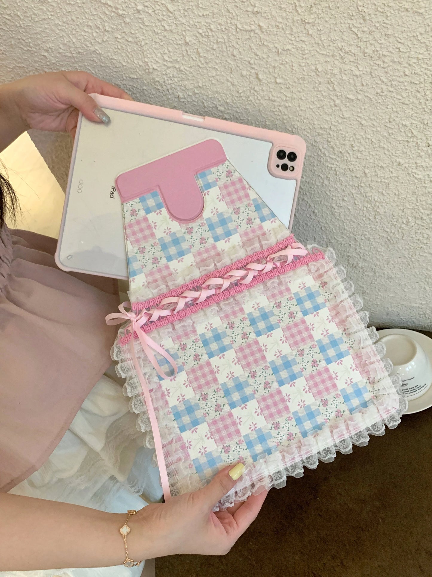 Pastel Gingham Lace iPad Case – Pink & Blue Floral Stand Cover with Ruffle Edge