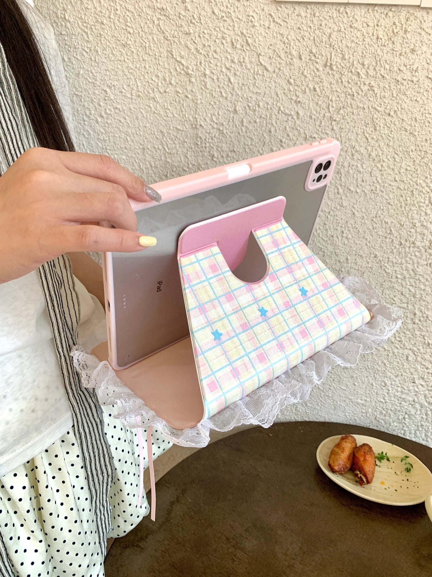 Kawaii Lace iPad Case with Plaid & Pastel Star Stand