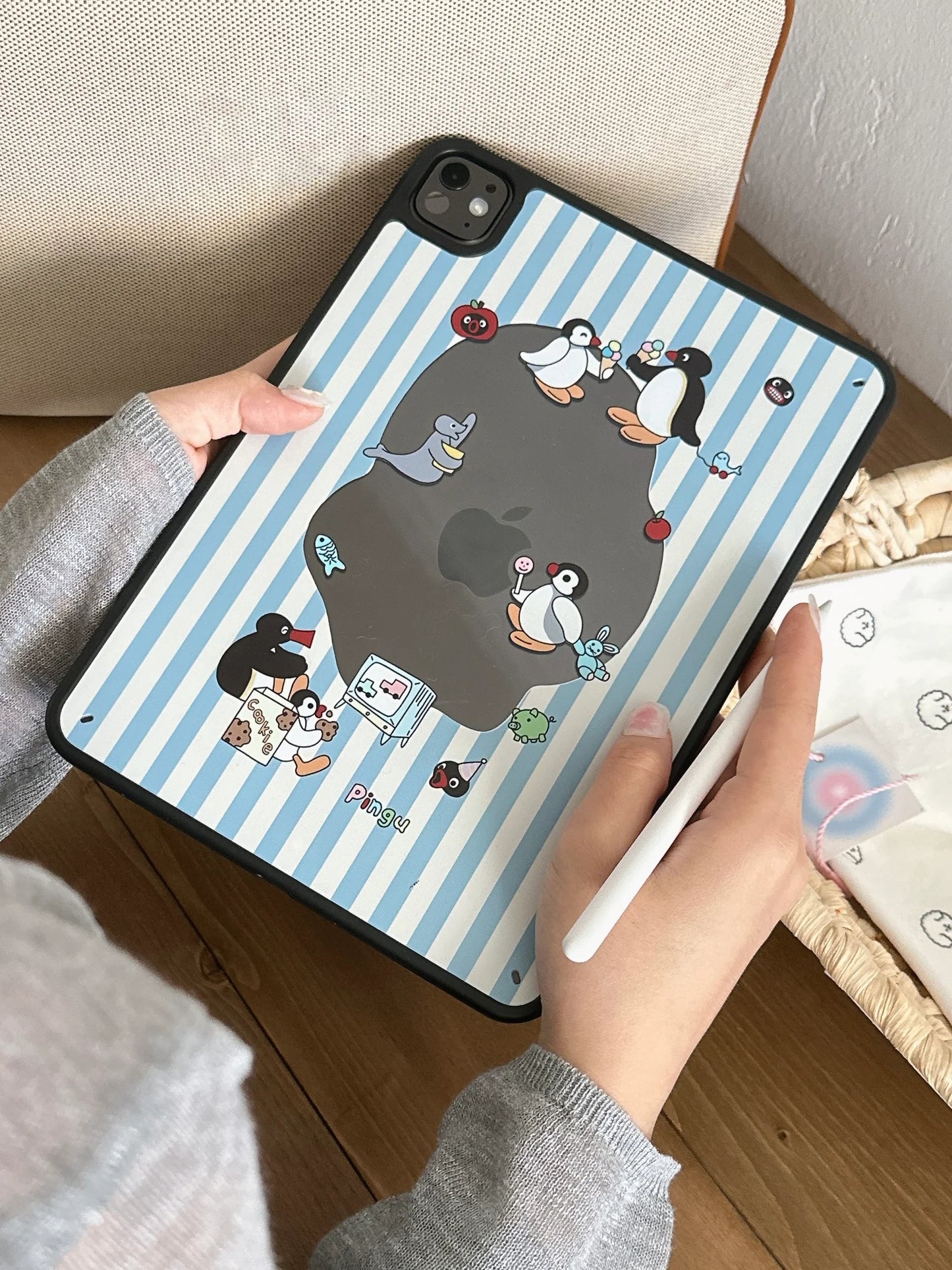 ute Penguin Cartoon iPad Case – Blue Striped Soft Back Cover with Fun Character Print