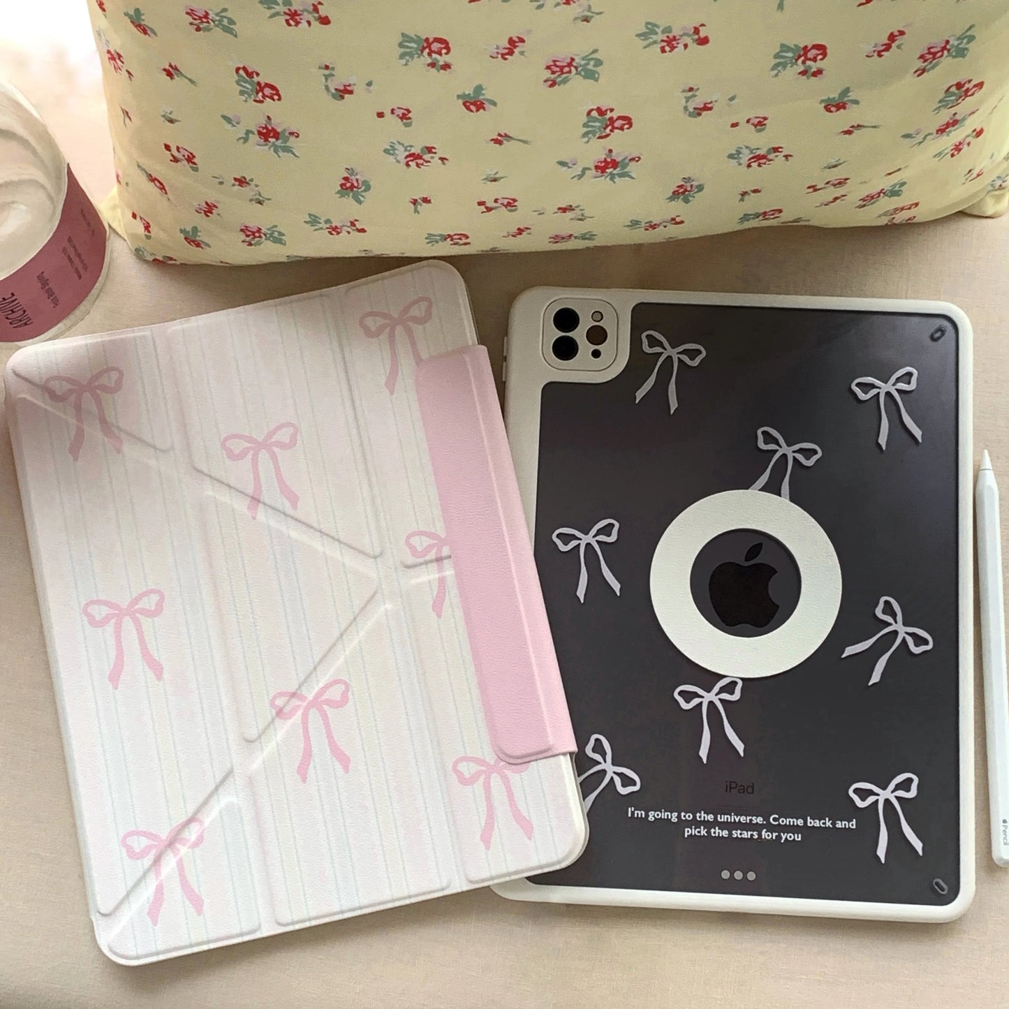 Kawaii Pink Bow iPad Case with Pencil Holder – Magnetic Smart Cover