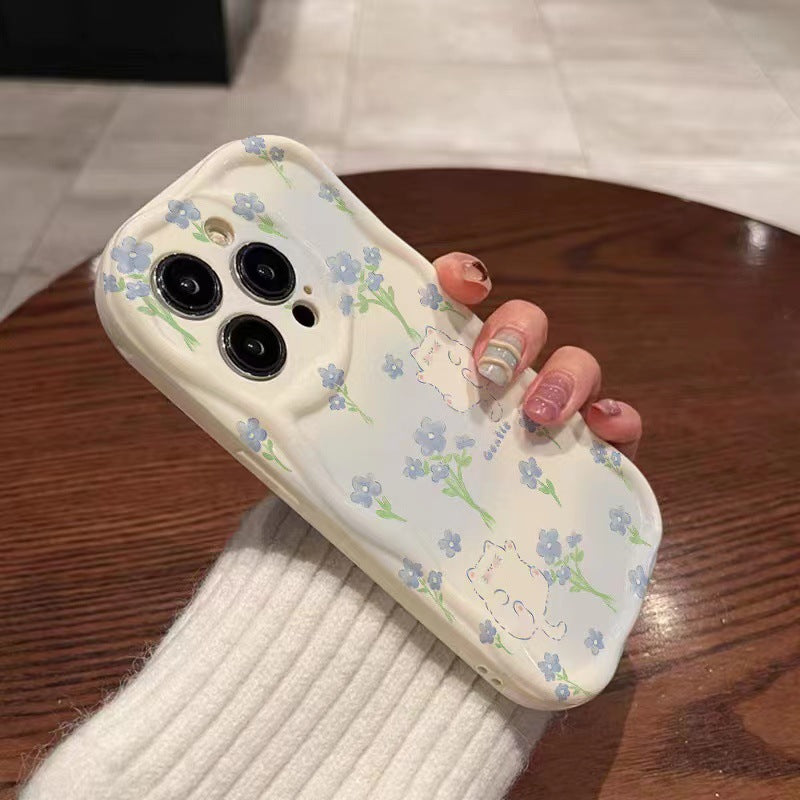 Blossom Cat & Blue Flowers Case For Iphone13/14/15/16/16E (Basic, Pro, Pro-Max)