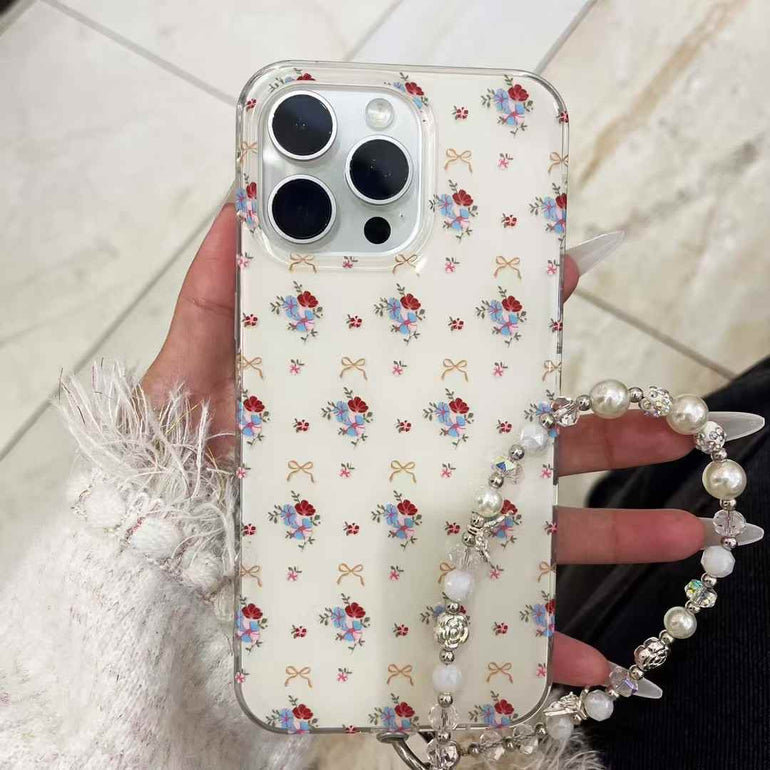 Floral Bows Pattern Case For iPhone With Beaded Charm