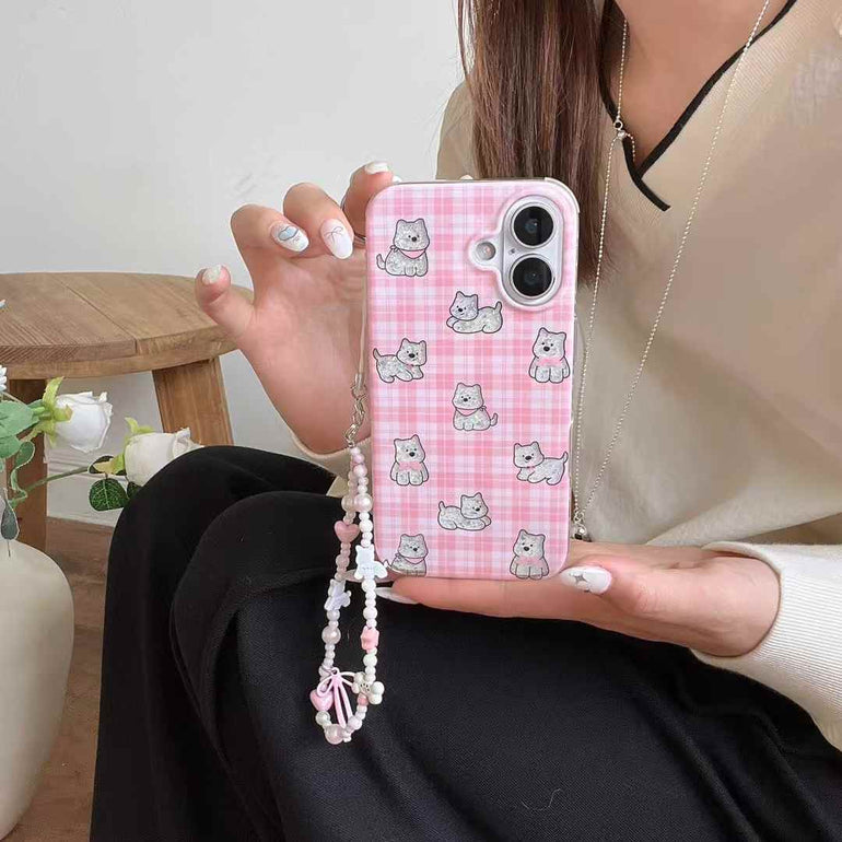 Checkered Dog Pattern Case For iPhone With Bow Charm