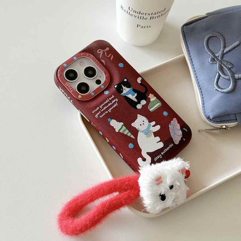 Puffer Leather Designer Case For iPhone With Kitty String Holder