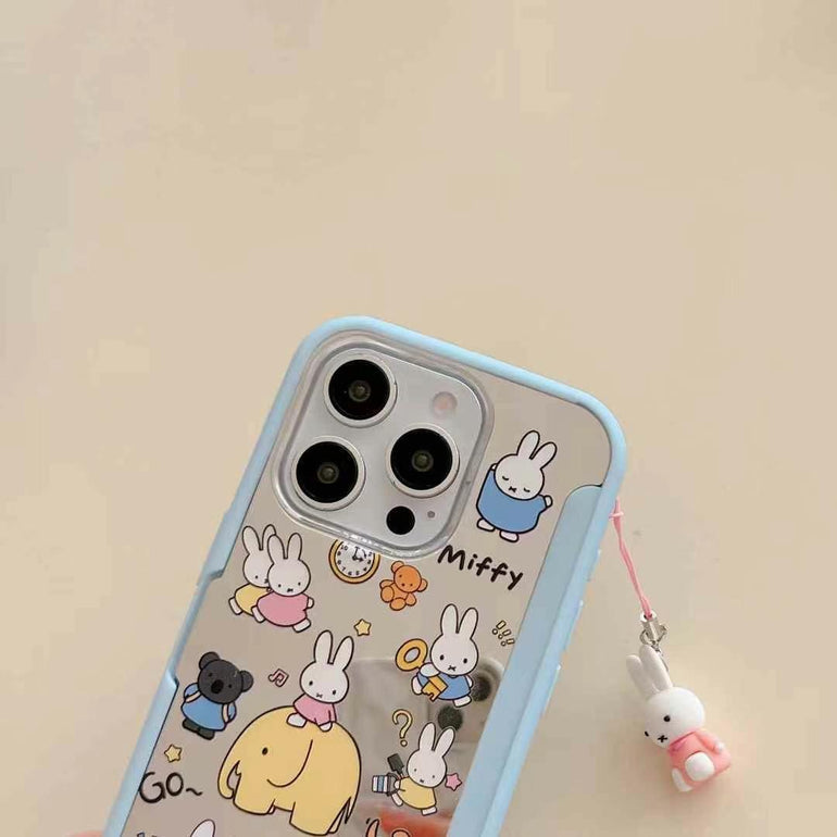 Cartoon iPhone Case – Cute Blue Edge Shockproof Cover with Bunny Print & Hanging Charm