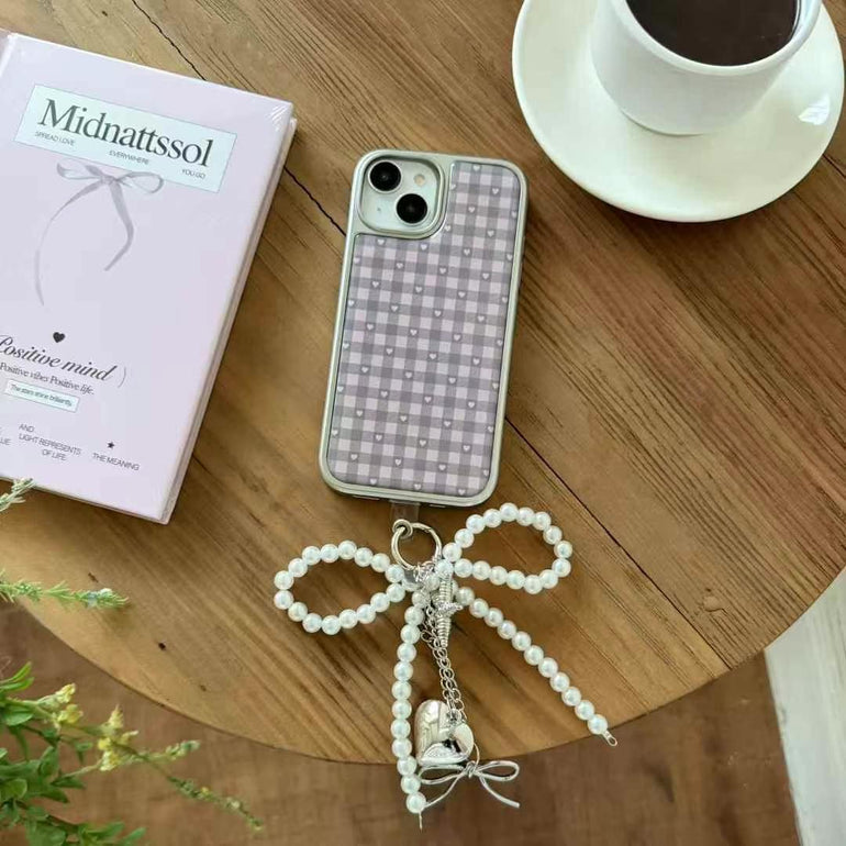 Purple Gingham Heart iPhone Case – Aesthetic Checkered Back Cover with Pearl Bow Charm