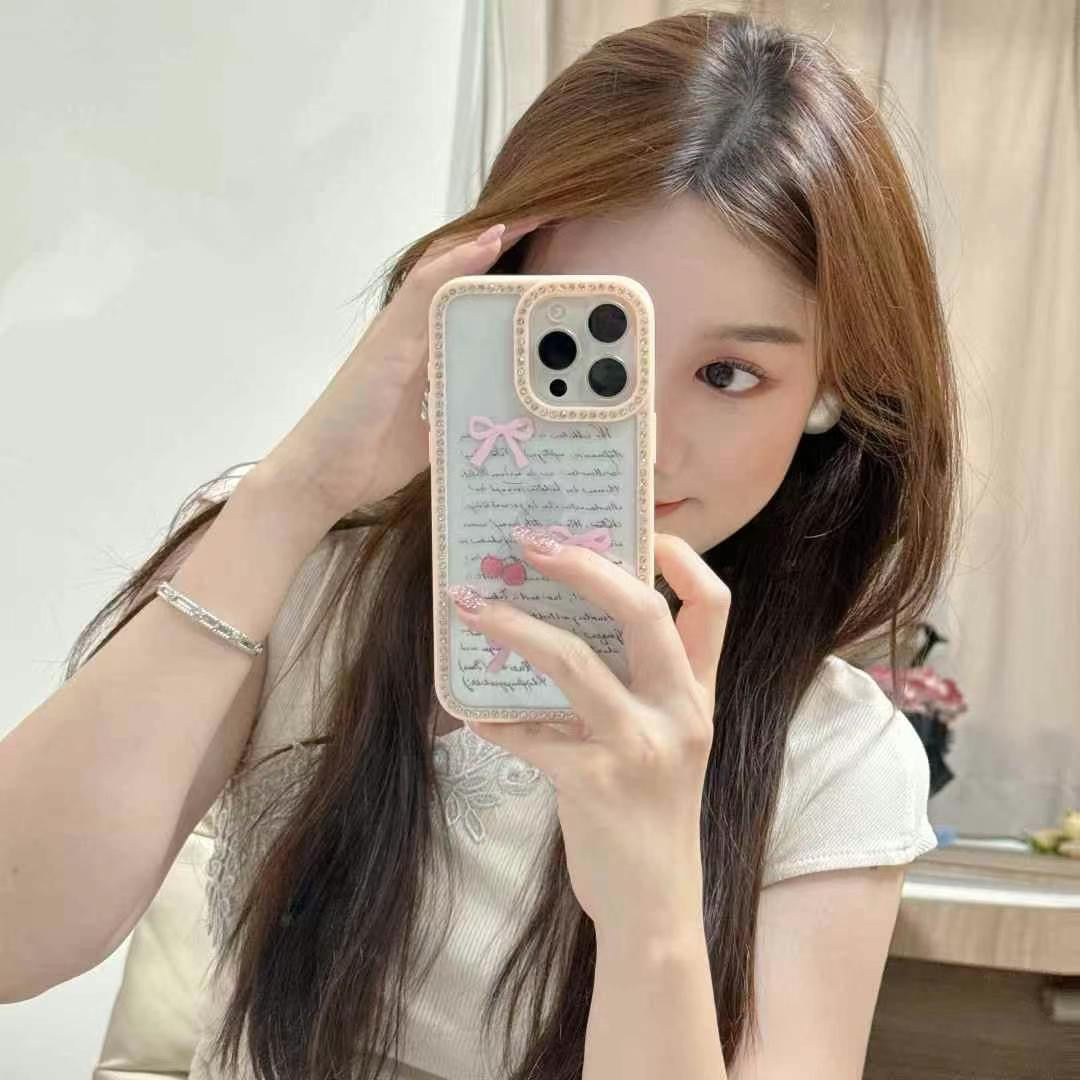 Elegant Ribbon Script iPhone Case – Pink Bow & Cherry Design with Crystal Frame for iPhone