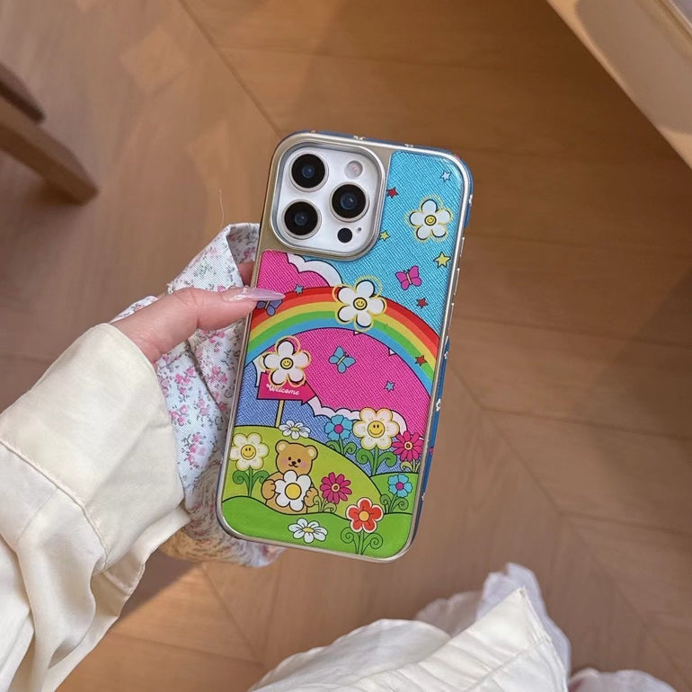 Rainbow Garden iPhone Case – Colorful Bear & Floral Print Back Cover