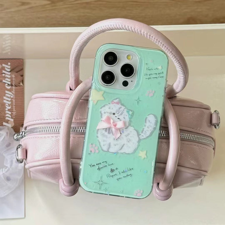Mint Green Cute Cat iPhone Case – Soft Silicone Protective Cover with 3D Bow & Stars for iPhone