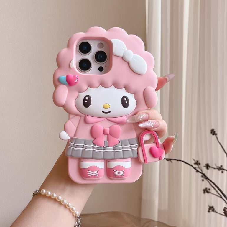 3D Pink Girl Character iPhone Case – Soft Silicone Cute Doll Design with Bow & Heart Bag