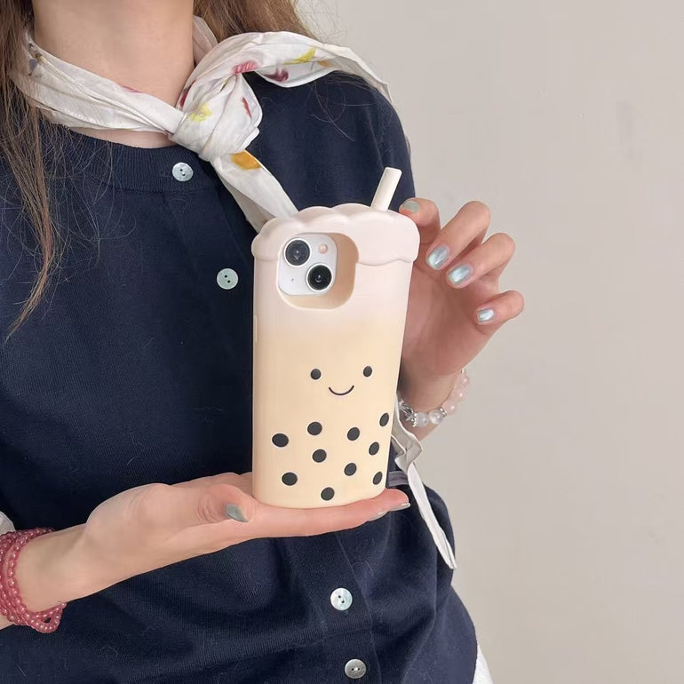 Bubble Tea iPhone Case – Cute 3D Soft Silicone Cover with Straw Design – Milk Tea & Matcha Green