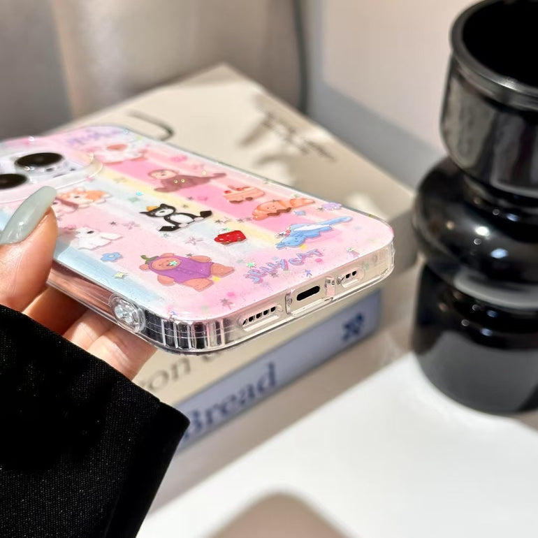 Cute Jellycat iPhone Case with 3D Cartoon Animals & Pearl Charm