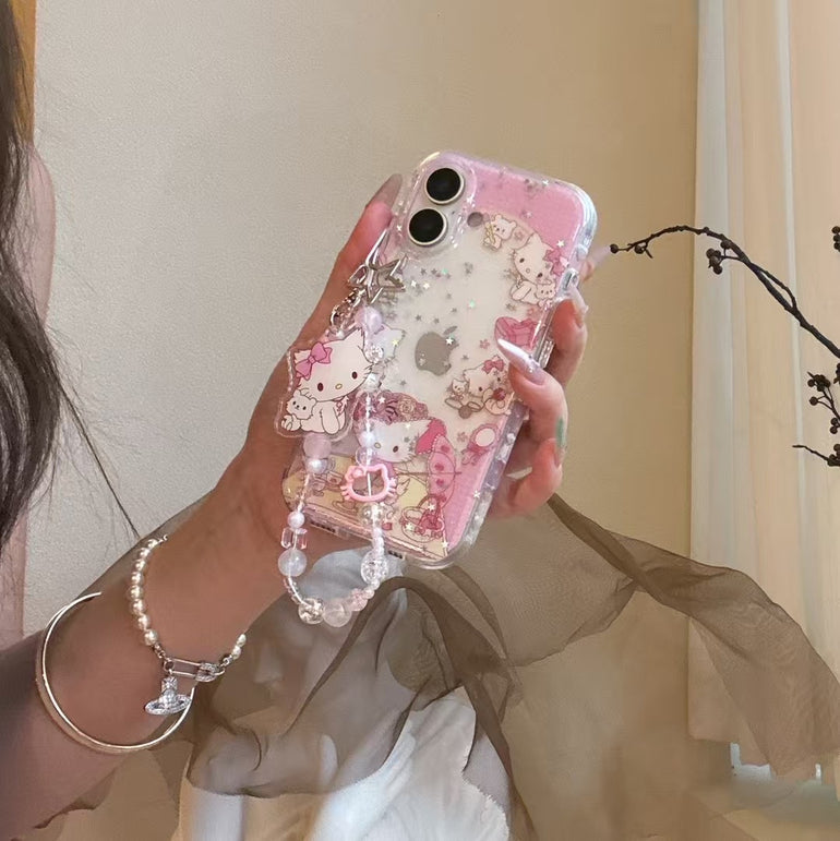 Cute Pink Kitty iPhone Case – Glitter Star Clear Case with Charm Strap & Tea Party