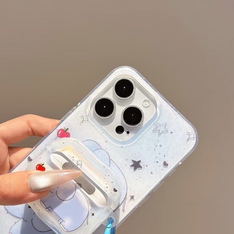 Cute Elephant iPhone Case – Glitter Clear Soft Case with 3D Apple Charm & Star Accents for iPhone