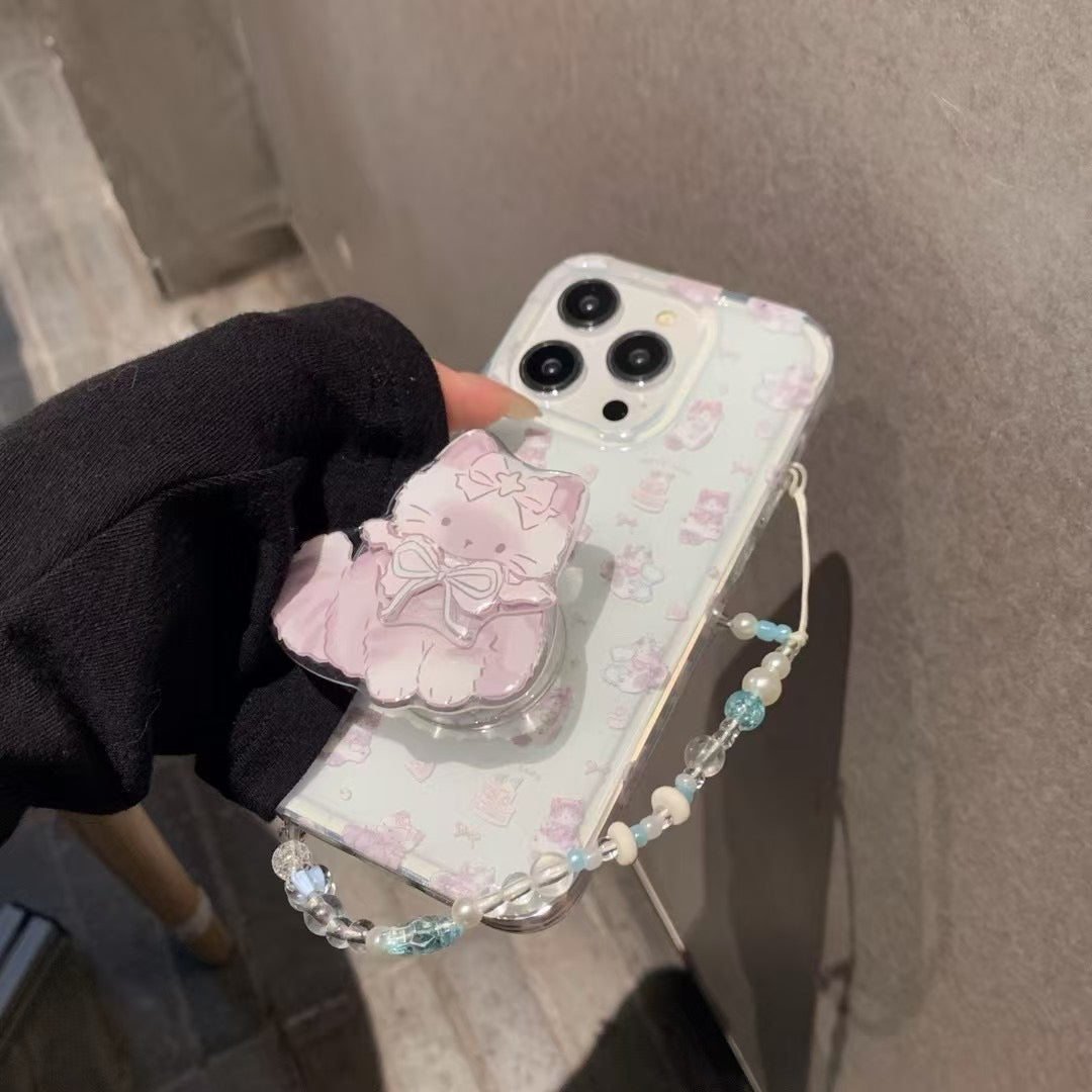 Cute Kitty Pattern Silicon Case For iPhone With Kitty Holder And Charm