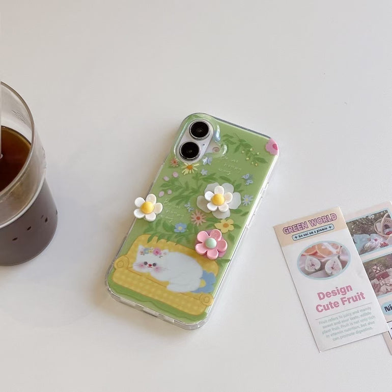 Cute Cat With Flower Silicon iPhone Case With Charm