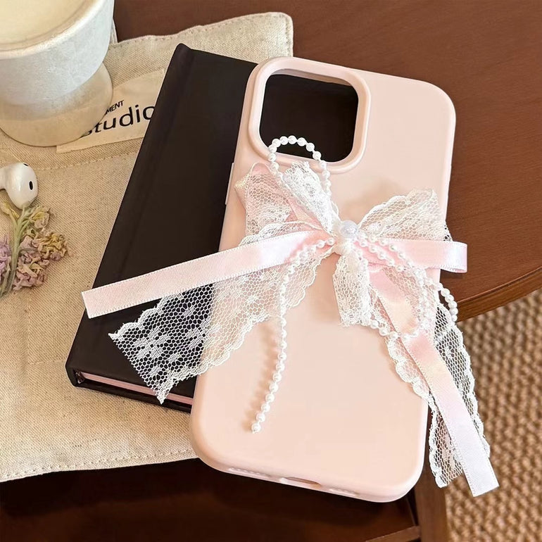 Pastel Pink Ribbon Lace iPhone Case with Pearl Bow – Elegant Girly Soft Cover