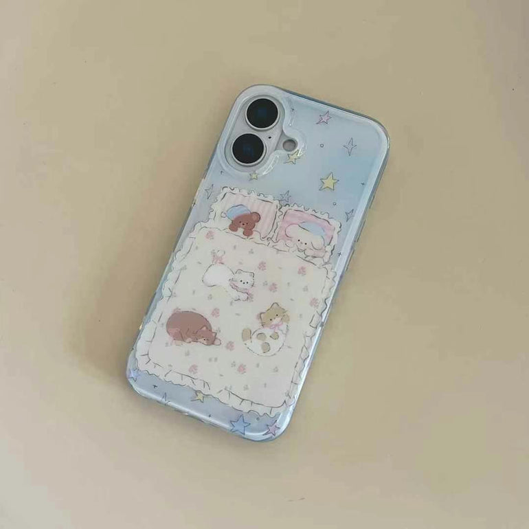 Kitty Sleeping With Bear Silicon iPhone Case With Cute Charm