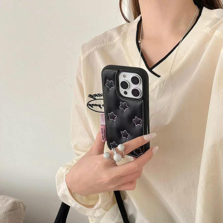 Leather Embossed Star Pattern Case For iPhone With Star Charm