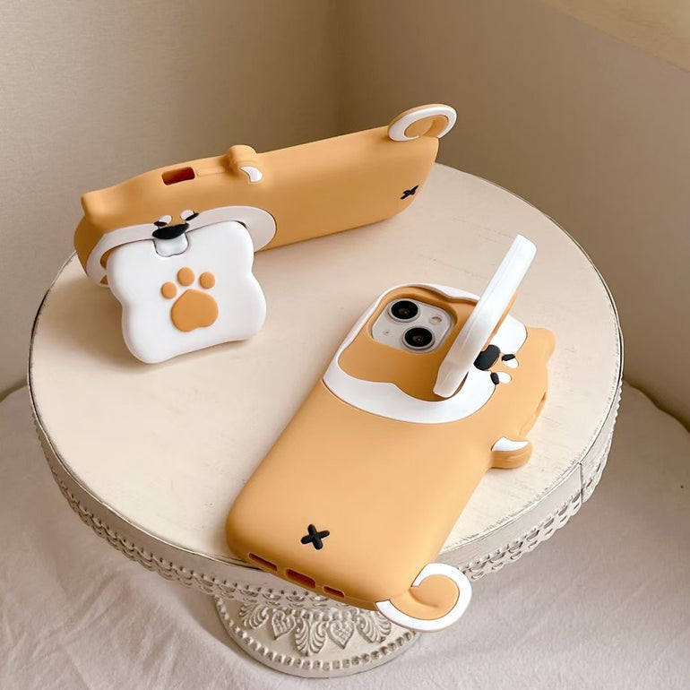 Cute Dog Bite Silicone iPhone Case with 3D Bone Stand – Brown Puppy Design