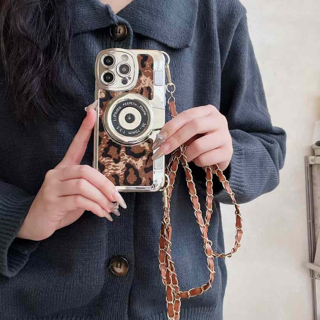 Luxury Leapord Silicon 3D Camera Style iPhone Case With Long Sling Chain