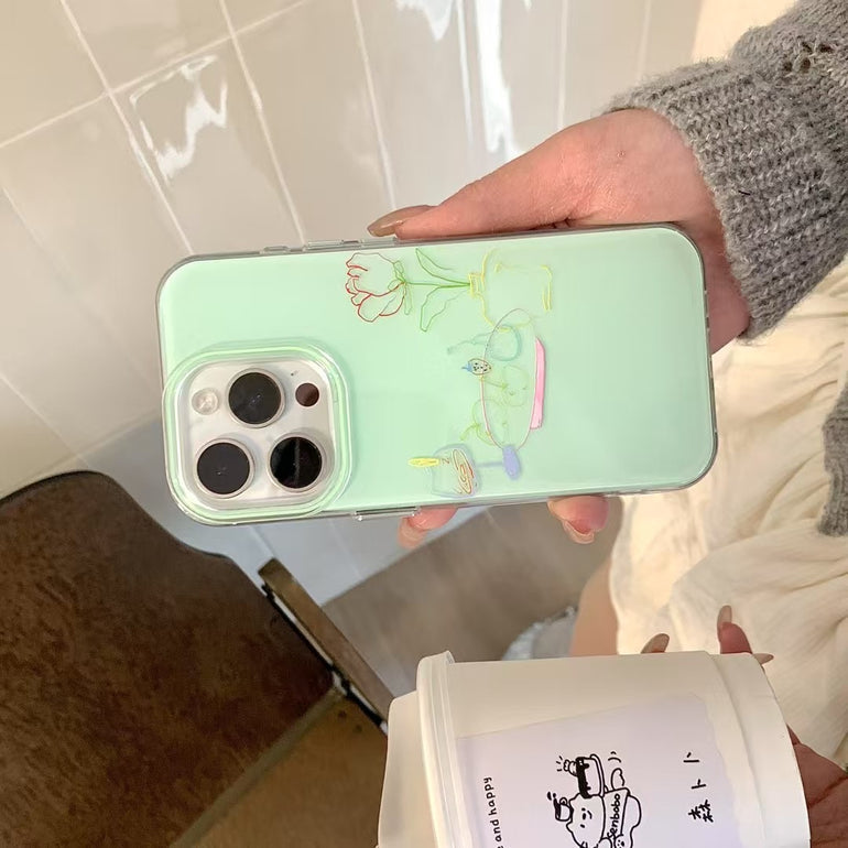 Flower Drawing Silicon Case For iPhone With Bow Beaded Charm