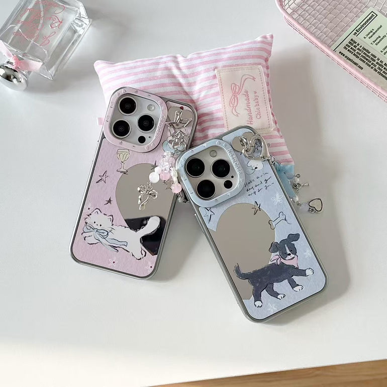 Cute Cat & Dog Mirror Case For iPhone With Charm