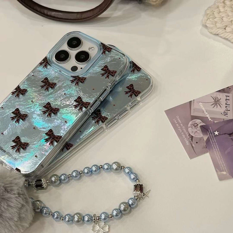 Holographic Bow Pattern Silicon iPhone Case With Rhinestone Charm