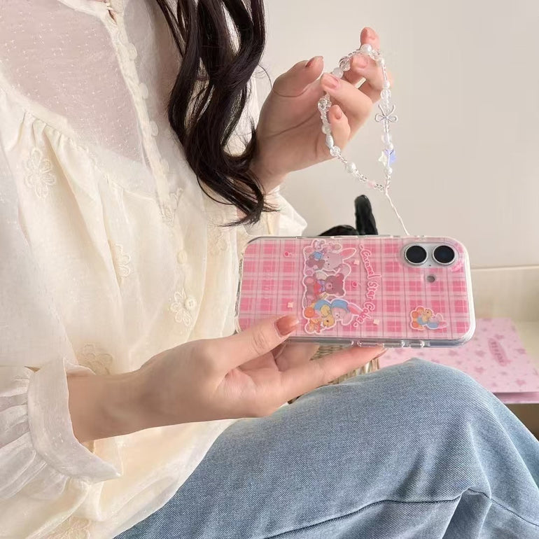 Checkered Cartoon Silicon Case For iPhone With Charm