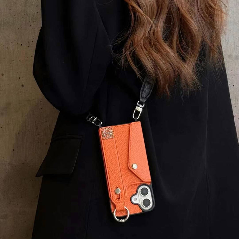 Luxury Branded Leather Wallet Case For iPhone With Holder And Sling orange