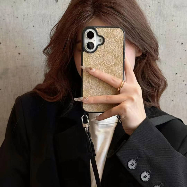 Luxury Branded Leather Case For iPhone With Sling dark brown