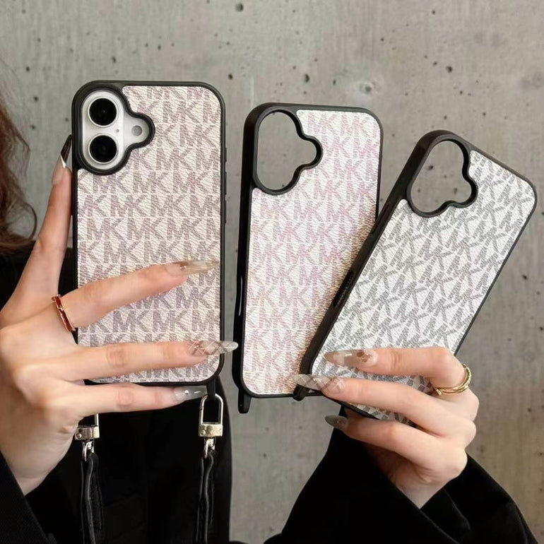 Luxury Branded Leather Case For iPhone With Sling sand pink