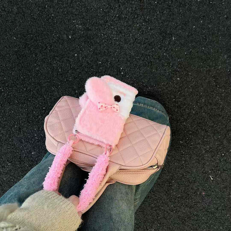 Cute Girl Warm Plush Flip Case For iPhone With Hand Bracelet