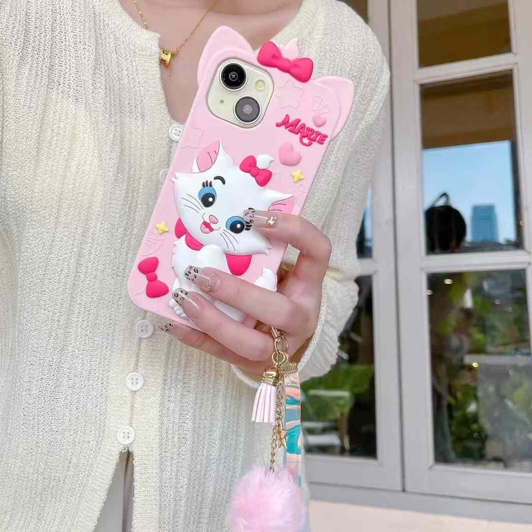 MARIE ! Kitty Silicon Case For iPhone With Pom Pom Charm