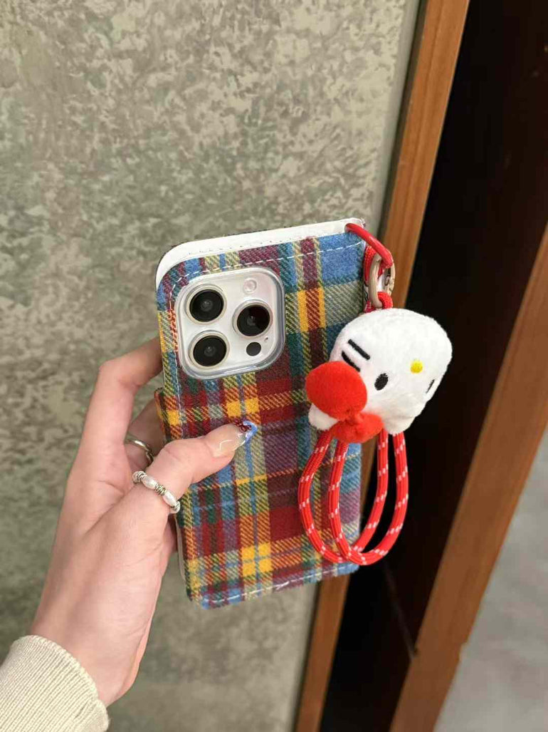 Kitty Checkered Flip Case For iPhone With Kitty Charm