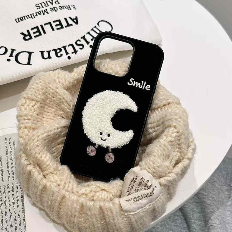 Smiley Moon And Star Embroidery Case For iPhone