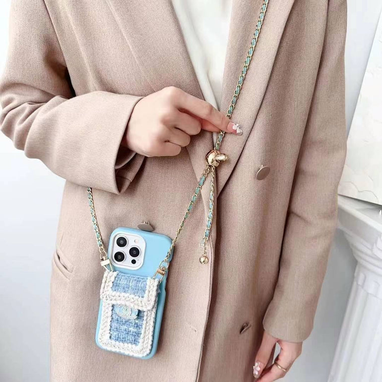 Luxury Branded Leather Crochet Wallet Case For iPhone With Sling white