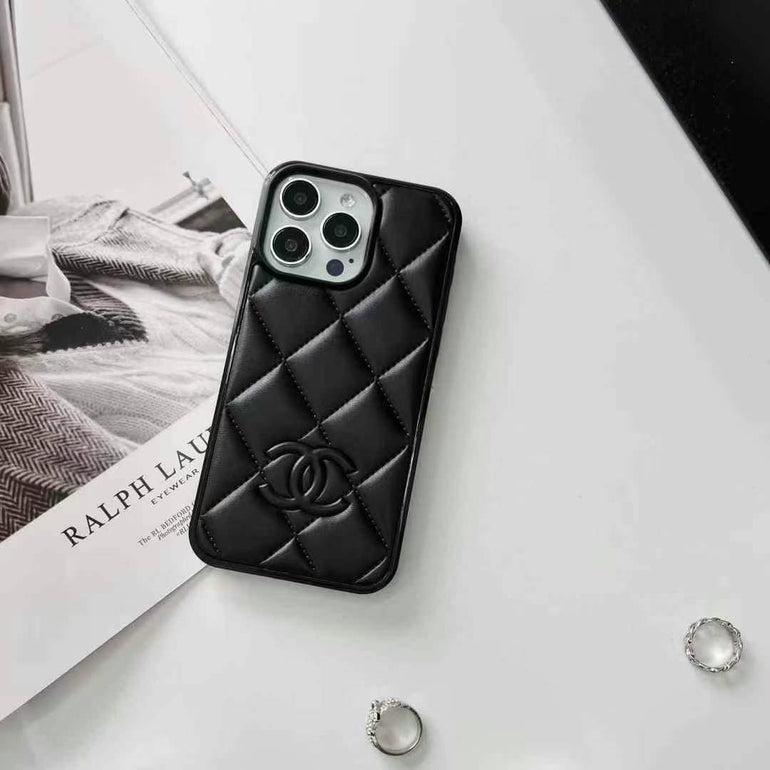 Luxury Branded Quilted Leather Case For iPhone black