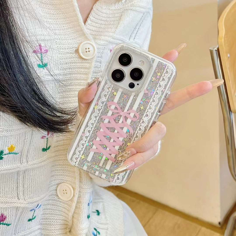 Glitter Bow Silicon Case For iPhone With Bow Beaded Charm