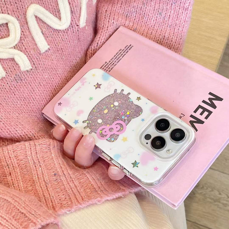 Glitter Star Kitty Silicon Case For iPhone With Kitty Beaded Charm