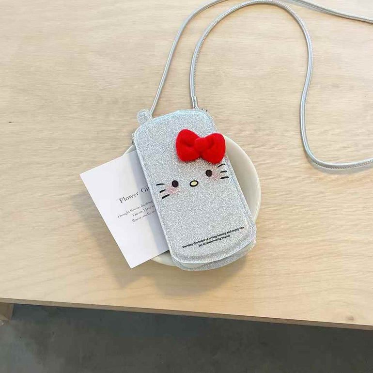 Glitter Kitty With Bow Flip Case For iPhone With Sling