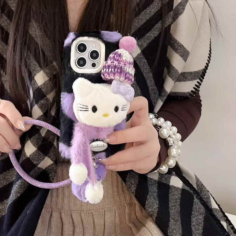 Cute Kitty With Scarf Warm Plush iPhone Case With Heart Charm