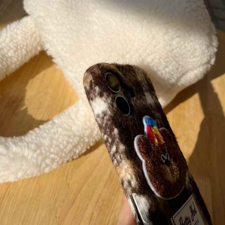 Cute Embroidery Bear Case For iPhone With Charm