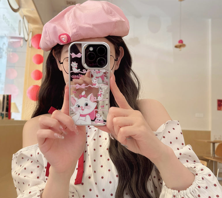 Cute Cat iPhone Case – Glossy Mirror Finish with Pink Ribbon Cartoon Design