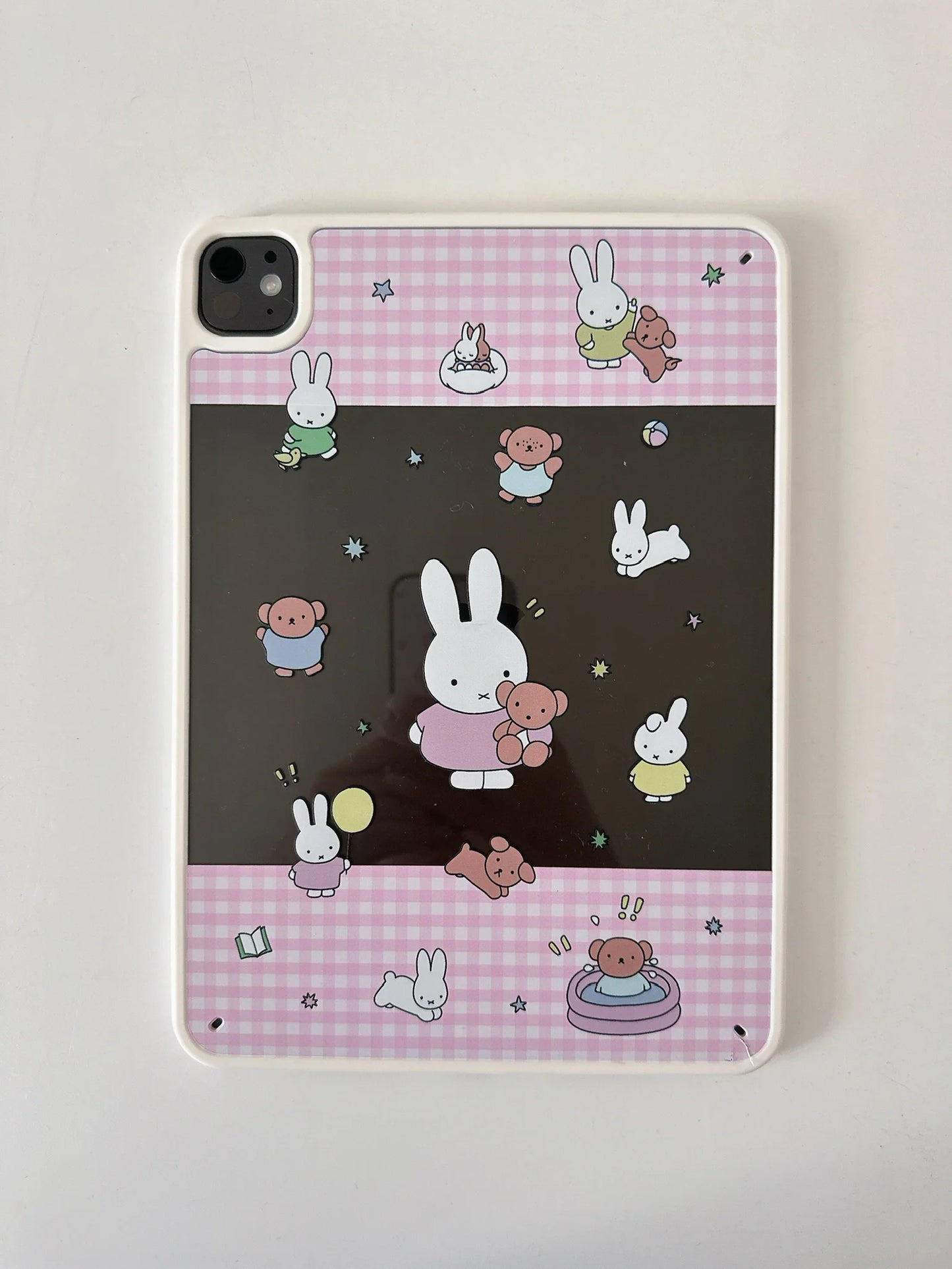 Cute Bunny and Bear iPad Case – Pink Gingham & Night Sky Design Soft Cover for iPad