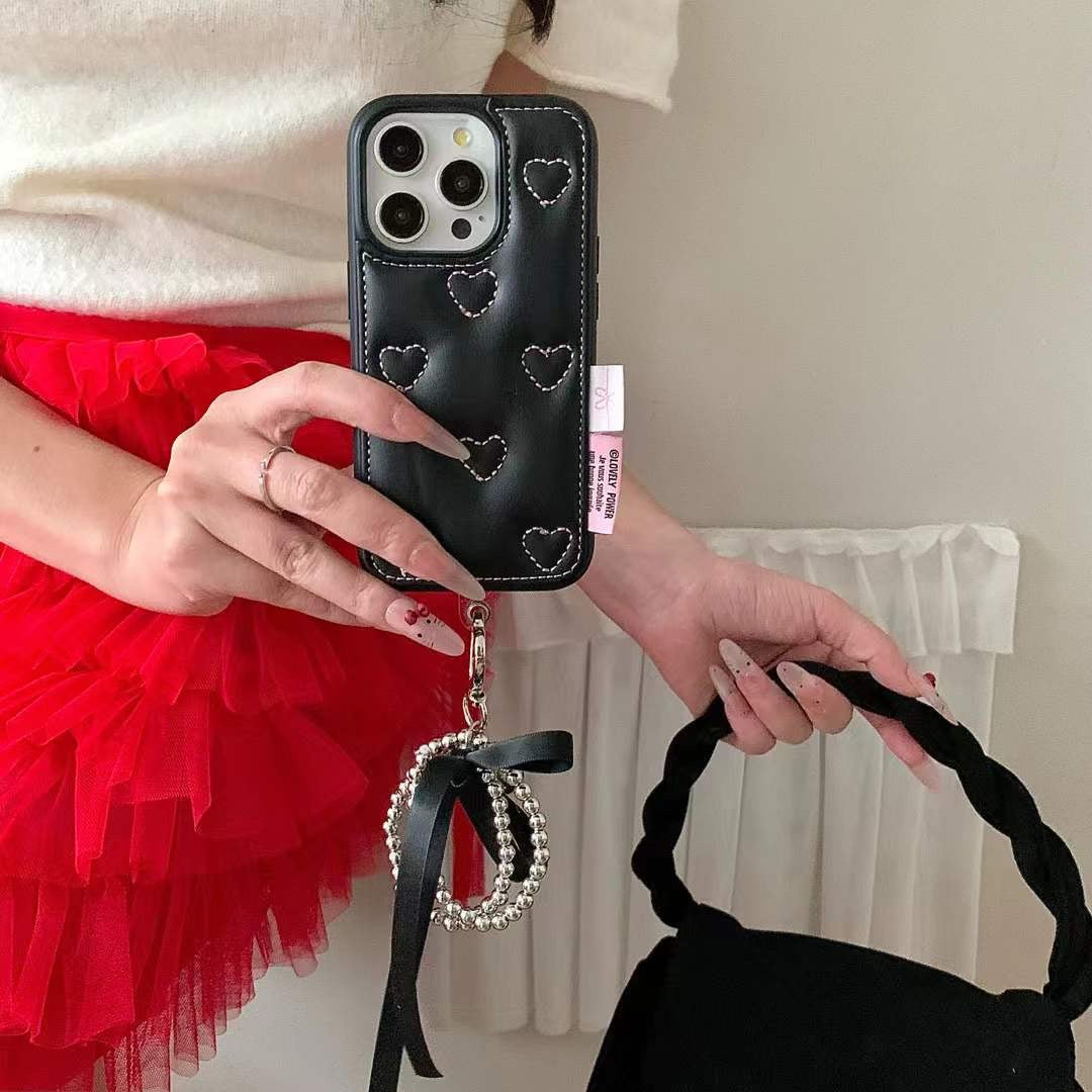 Leather Embossed Heart Pattern Case For iPhone With Bow Charm