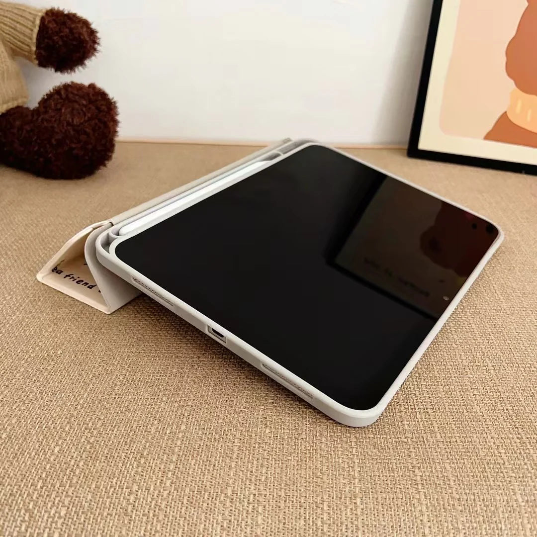 Sweet Teddy Bear iPad Case – Cute Cartoon Cupcake & Bow Design with Foldable Stand