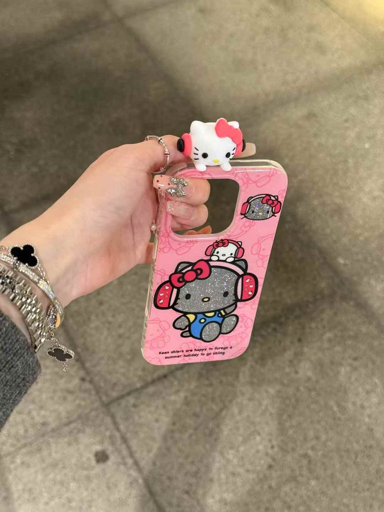Kitty Using Headphones Silicon iPhone Case With Kitty Charm