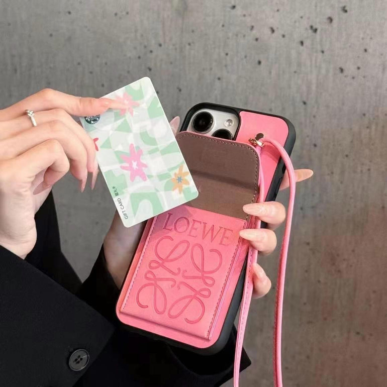 Luxury Branded Leather Wallet iPhone Case With String Holder